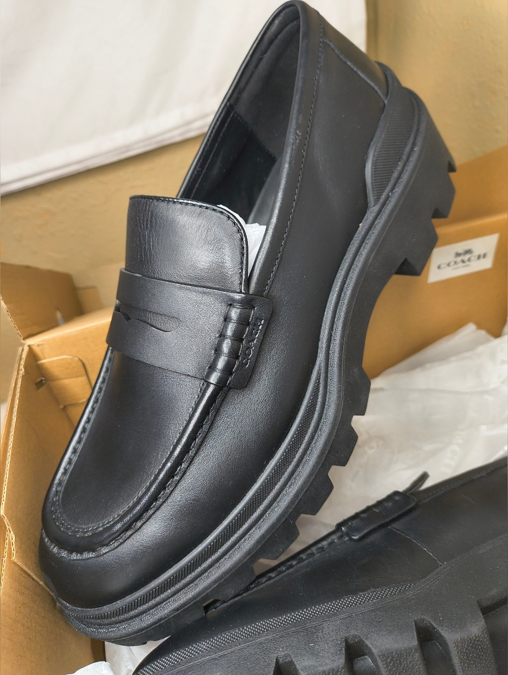 Men Coach black leather platform loafers